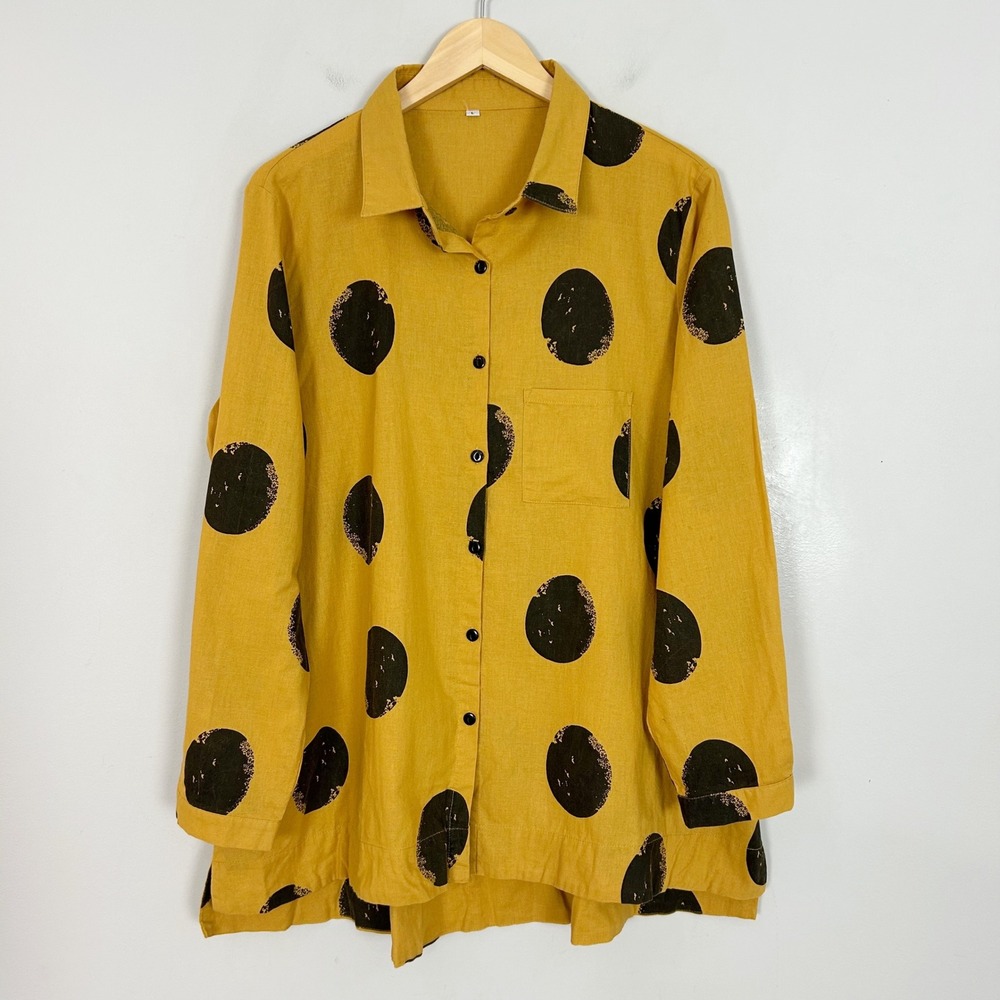 Unbranded Relaxed Button Down Shirt Yellow Polka Dot Long Sleeve Size Large
